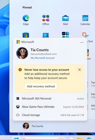 Testing account manager in Start menu