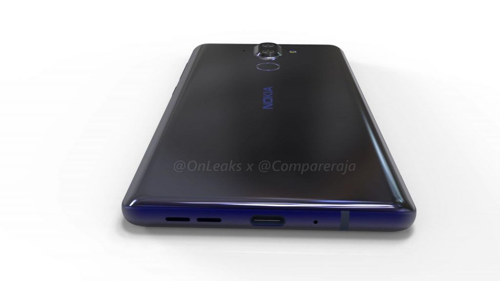 The bottom edge of the Nokia 9 has a USB-C port. Credit: @OnLeaks / CompareRaja