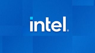 Intel logo on blue background.
