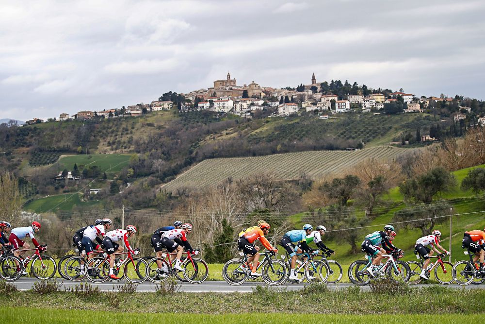 The Tirreno-Adriatico peloton in action during stage 6
