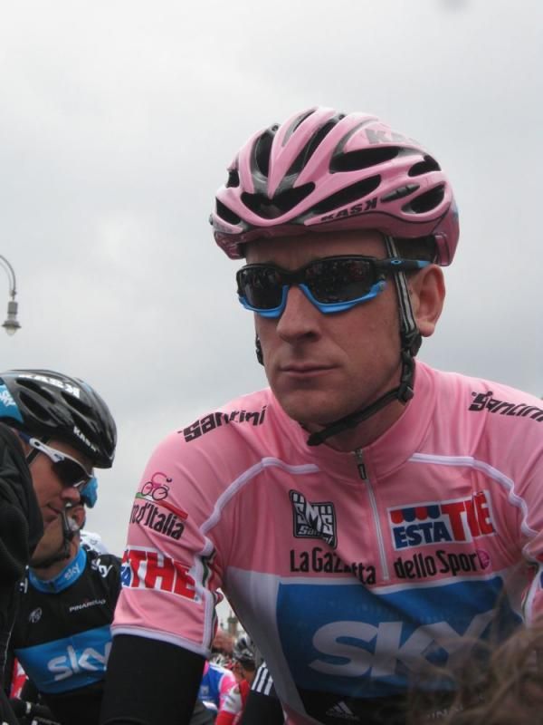 Bradley Wiggins (Team Sky) wears a pink helmet but opted not to dress all pink
