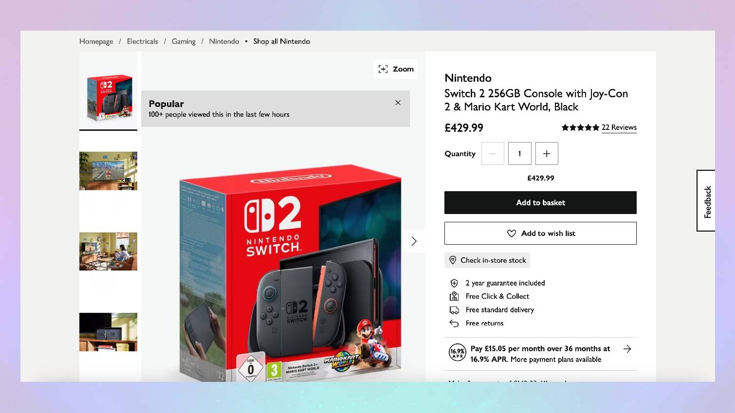 Screenshot of Nintendo Switch 2 listing at John Lewis on colored background