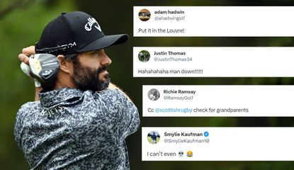 Adam Hadwin watches his tee shot, with 4 tweets on the right side of the screen