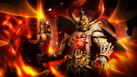 Diablo 4 barbarian shop armor with horns and an orange background