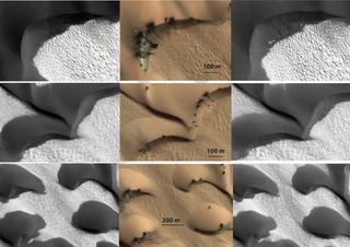 This time-series of black and white and false-color images, from left to right at three sites in a field of transverse sand dunes on Mars, shows that extensive erosion has taken place in one Mars year.