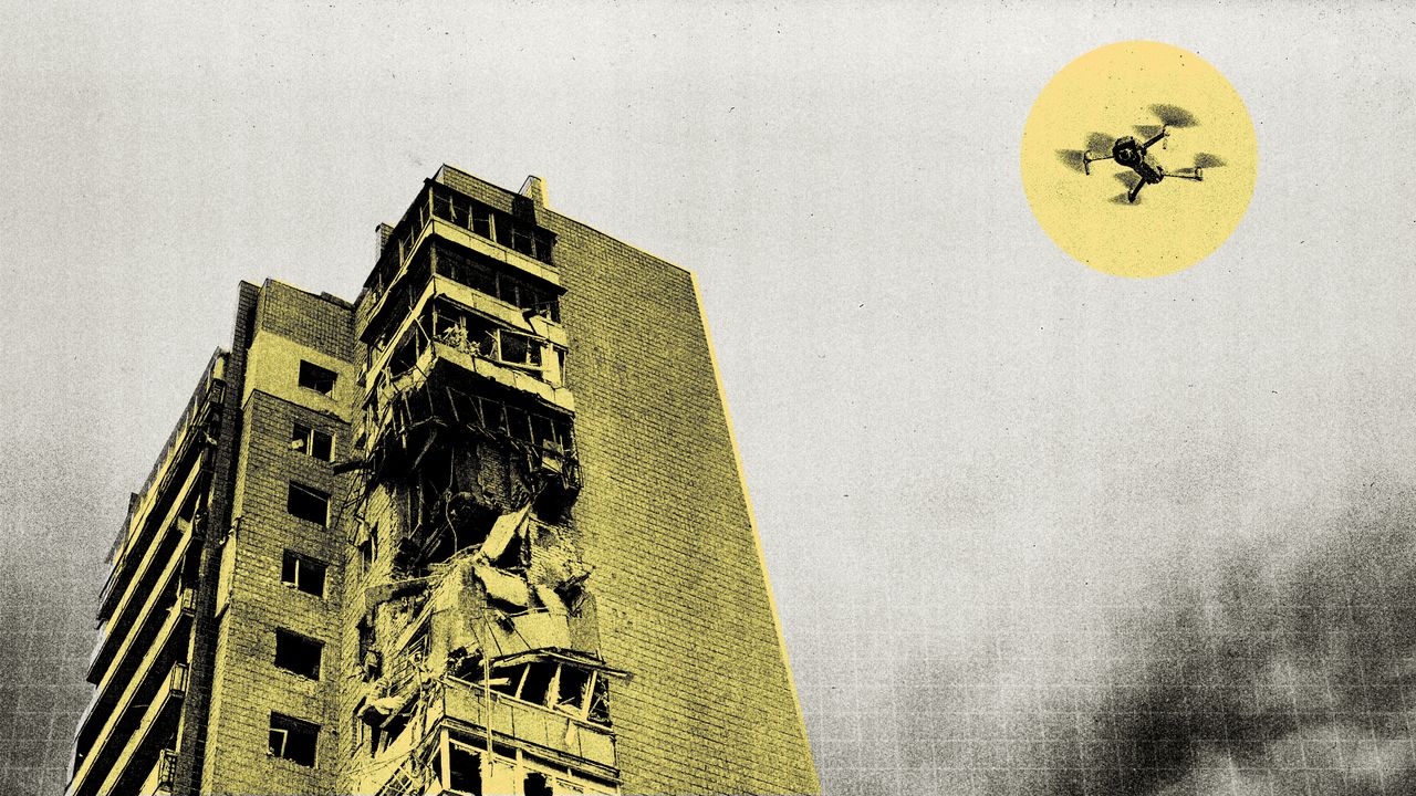 Illustration of a ruined tower block with a drone hovering in the sky nearby