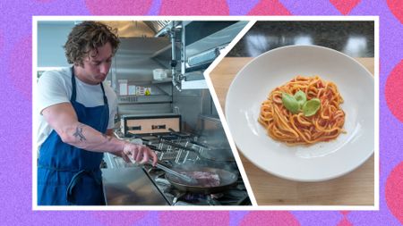 an image from the bear showing carmy cooking beef on the stove spliced with an image of the author's attempt at the family spaghetti recipe from the show