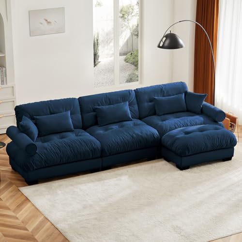 130" Large Sectional Couches for Living Room, Cloud Modern Modular Deep Seat Sofa Set, Comfy Couches With 1 Ottoman, Velvet Fluffy 3 Seater Sofas for Bedroom, Apartment, L Shaped, Blue