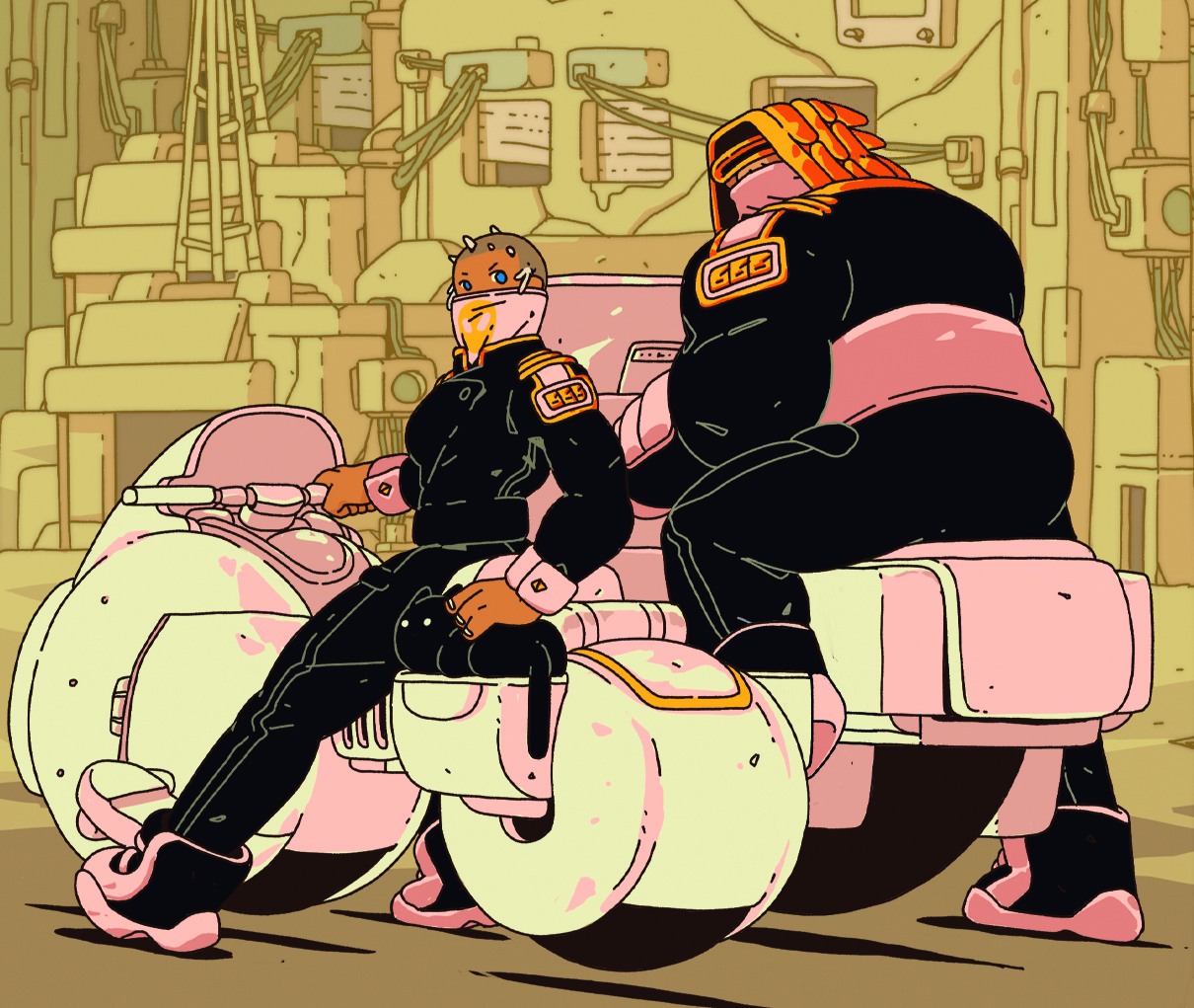 2D art; comic characters on futuristic motorcycles
