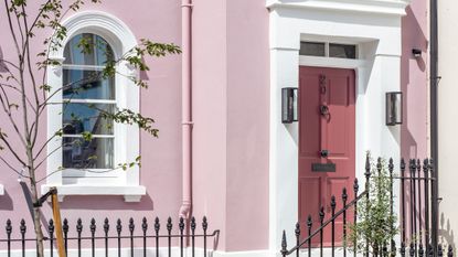 Exterior of pink Chelsea mews house