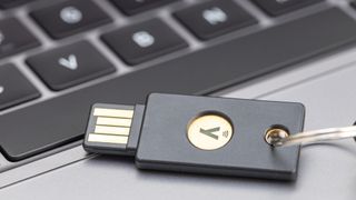 YubiKey security key on keyboard