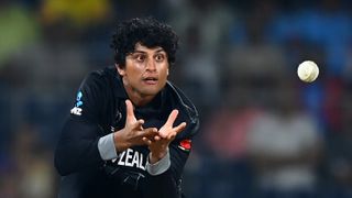 New Zealand cricketer Rachin Ravindra holds his hands out to catch the ball ahead of the New Zealand vs Sri Lanka live stream
