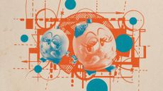 Photo and illustrative collage of a wind-up toy orange and blueberry with faces, looking at each other.