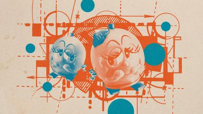 Photo and illustrative collage of a wind-up toy orange and blueberry with faces, looking at each other.