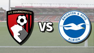 The AFC Bournemouth and Brighton & Hove Albion club badges on top of a photo of the Vitality Stadium in Bournemouth, England