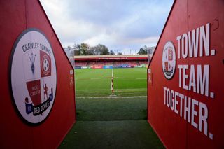 A general view of Broadfield Stadium, home of Crawley Town prior to the Sky Bet League One match between Crawley Town FC and Lincoln City FC at Broadfield Stadium on October 22, 2024 in Crawley, England.