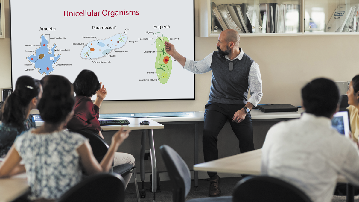 A teacher teaching science in a classroom of teenagers. 
