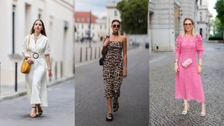 a composite of street style infliuencers wearing holiday outfit ideas for the evening