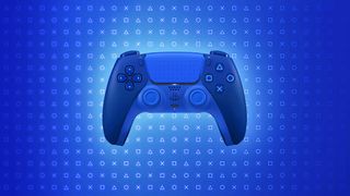 The Icon Blue Special Edition DualSense controller on a blue background.