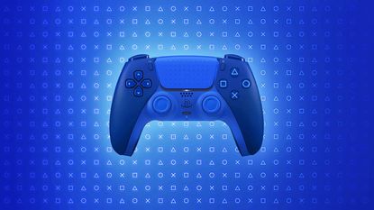 The Icon Blue Special Edition DualSense controller on a blue background.