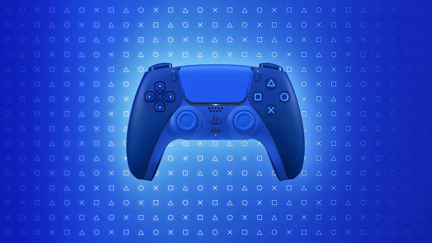 The Icon Blue Special Edition DualSense controller on a blue background.