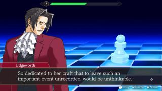 A screenshot of Edgeworth and a chess piece from Ace Attorney Investigations Collection