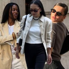 rich looking finds shown in a collage of women's summer outfit ideas with a woman on the left wearing a cream trench coat over a white t-shirt with matching wood bangles and a small handbag, in the middle a woman is wearing a light cropped tan jacket over a white-shirt with a beaded necklace and sunglasses, and on the left a woman is wearing black sunglasses with a gray crewneck, black shorts, and a black shoulder bag