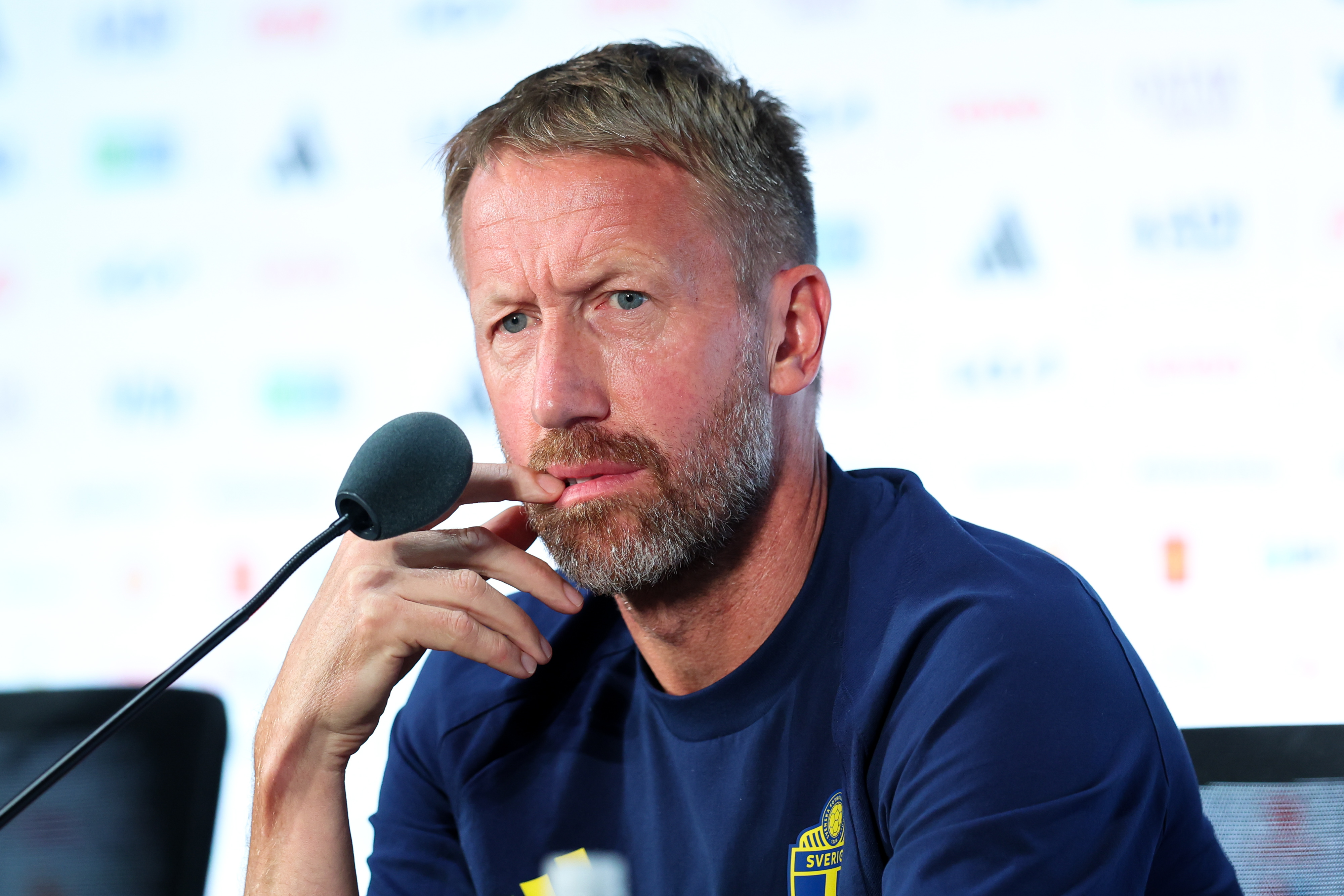 DALLAS, TEXAS - JUNE 24: Graham Potter, head coach of Sweden, attends the press conference ahead of the FIFA World Cup 2026 Group F match between Japan and Sweden at Dallas Stadium on June 24, 2026 in Dallas, Texas. (Photo by Wu Zhizhao/VCG via Getty Images)