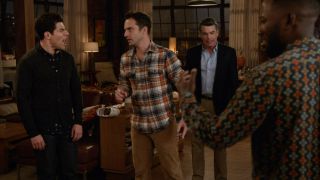 Max Greenfield and Jake Johnson arguing in New Girl. Lamorne Morris and Peter Gallagher standing around.