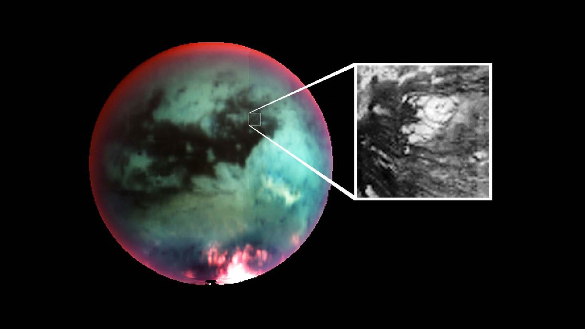 An image of Titan. It is teal blue with a ring of red around the perimeter. The image also has an inset zoomed in view in black and white of a volcano on the surface.