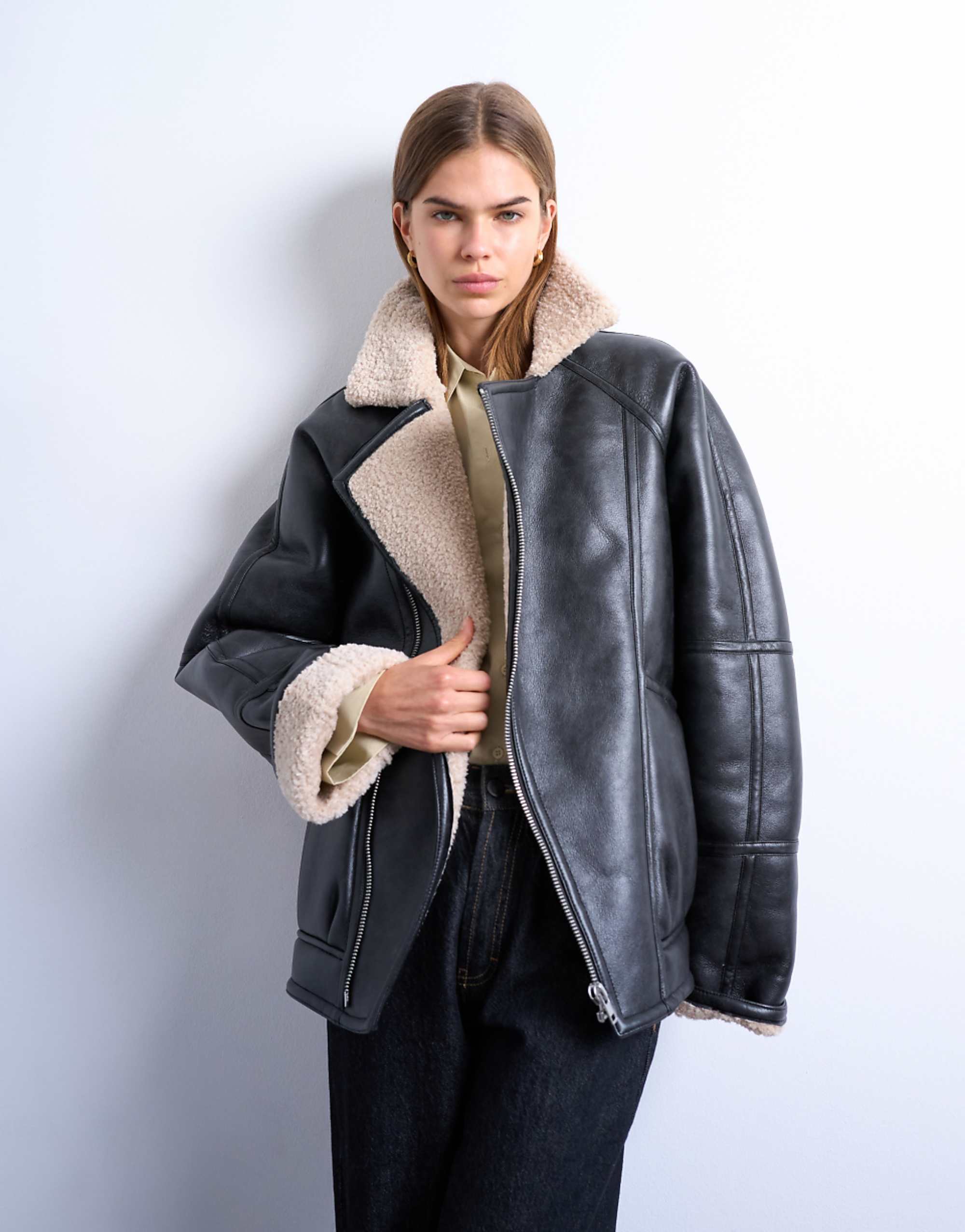 Topshop Vintage Wash Shearling Aviator Bomber in Black