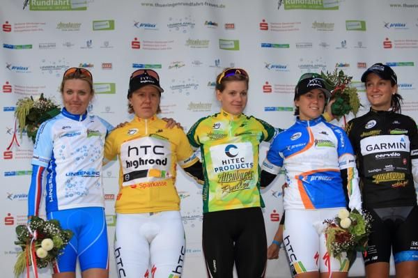 The competition leaders - Svetlana Bubnenkova (Russia), Ina Yoko Teutenberg (HTC-HighRoad), Emma Johansson (Hitec Products), Chloe Hosking (HTC-HighRoad), Elizabeth Armitstead (Garmin-Cervelo)