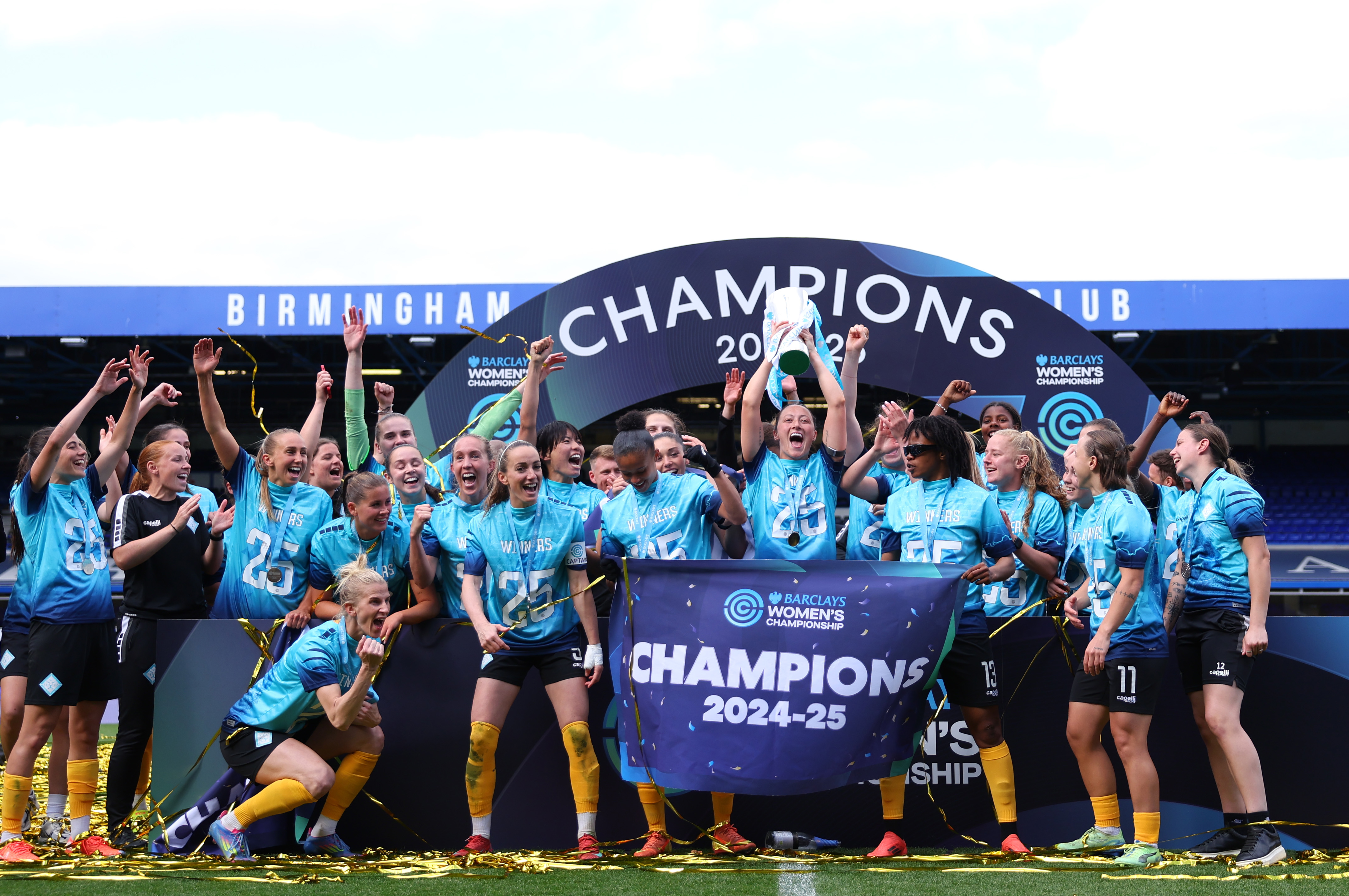 London City Lionesses celebrate with the Barclays Women's Championship trophy after London City Lionesses win the Barclays Women's Championship after Birmingham City and London City Lionesses