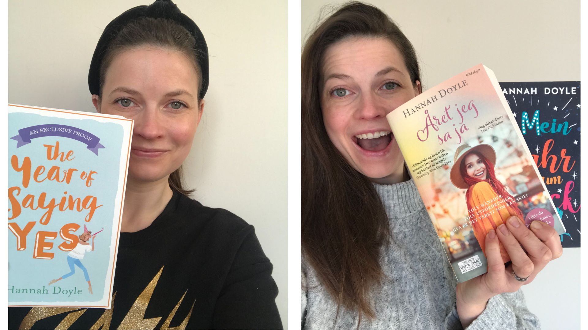 Hannah Doyle with her book The Year of Saying Yes. Left: in English. Right: translated into Norwegian and German