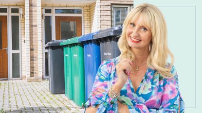 picture of wheelie bins outside home and cutout of lynsey crombie