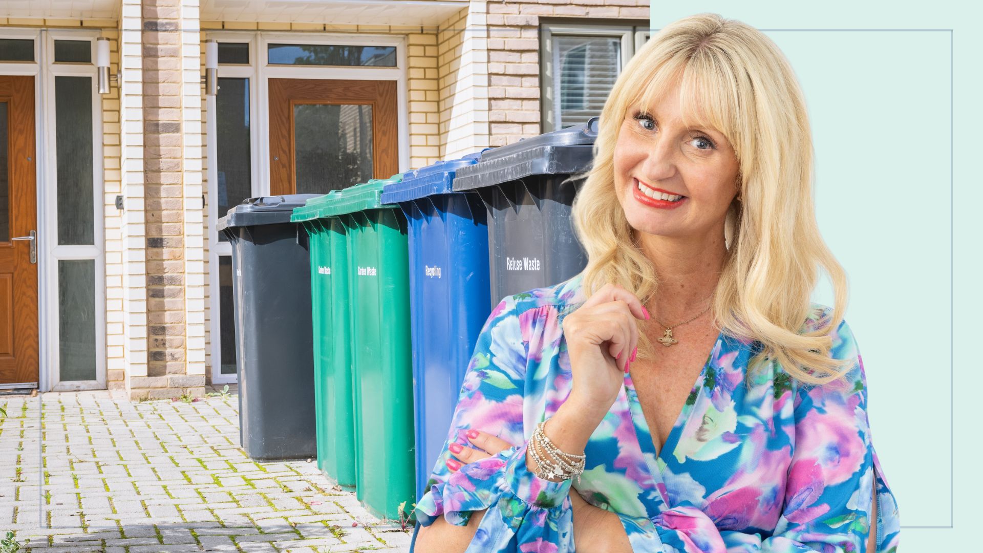 picture of wheelie bins outside home and cutout of lynsey crombie