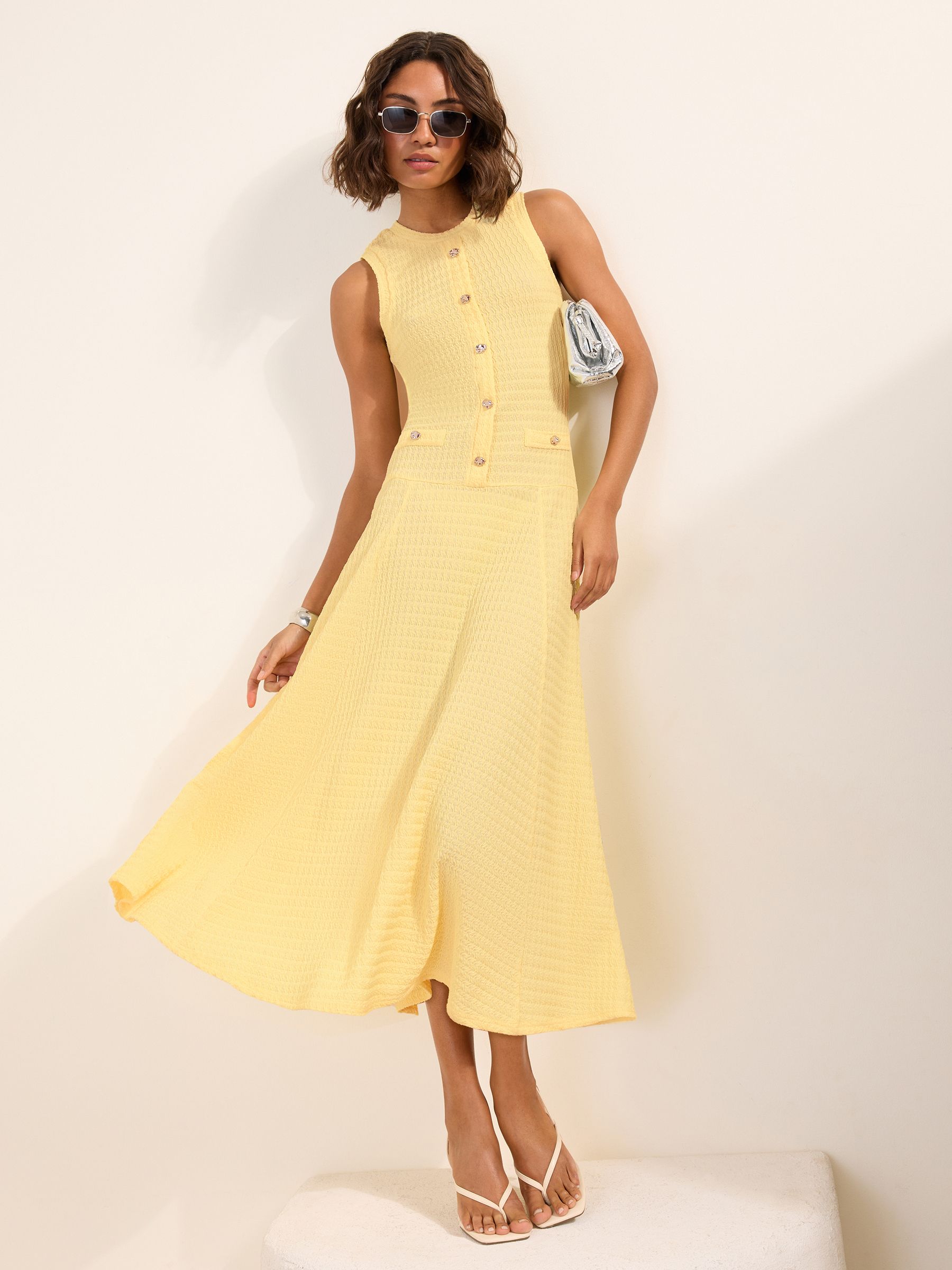 Friends Like These Yellow Drop Waist Sleeveless Textured Jersey Midi Dress