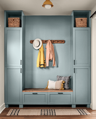 Light blue wall and bookcase