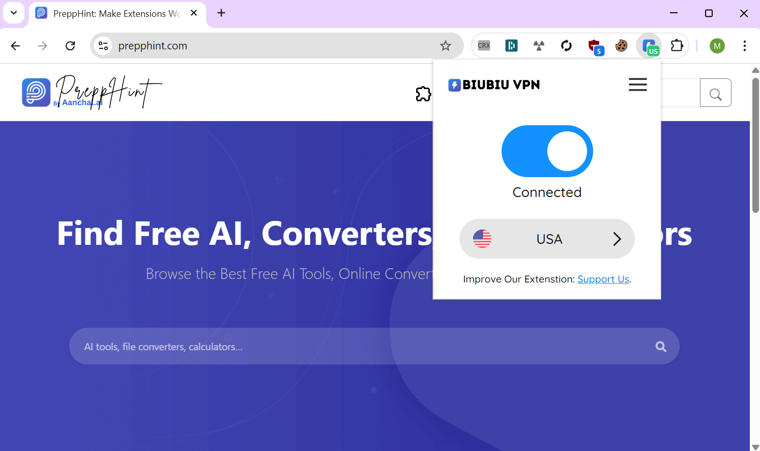 BiuBiu VPN - The Website Unblocker extansion connected (screenshot taken on January 13)