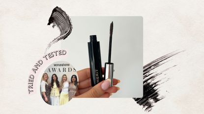Image holding the Merit Clean Volume Mascara and circular image of the woman&home beauty team, on a beige background with pink tried and tested banner and black mascara swatches