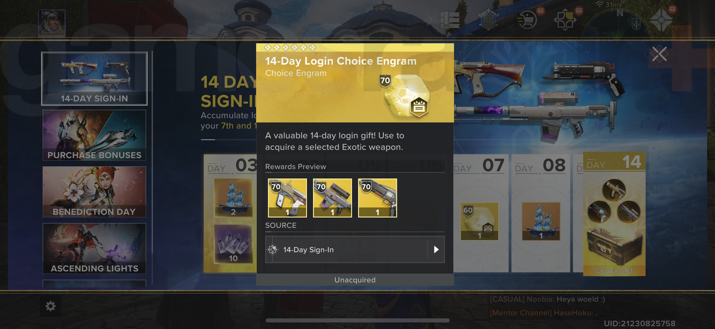 Earning Destiny Rising Exotics via the 14-Day Log-In