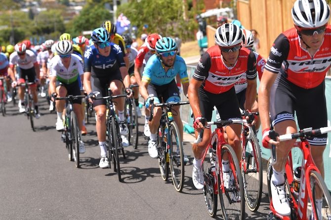 Peter Stetina leads his Trek-Segafredo leader Richie Porte on the climb up Challambra Crescent