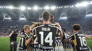 Image from the Coppa Italia 2024 Final, with a Sony Burano camera being used on a gimbal to film the celebrating Juventus team