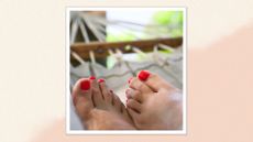 A close up of two feet with an orange pedicure, resting against a hammock/ in a cream and peach gradient template