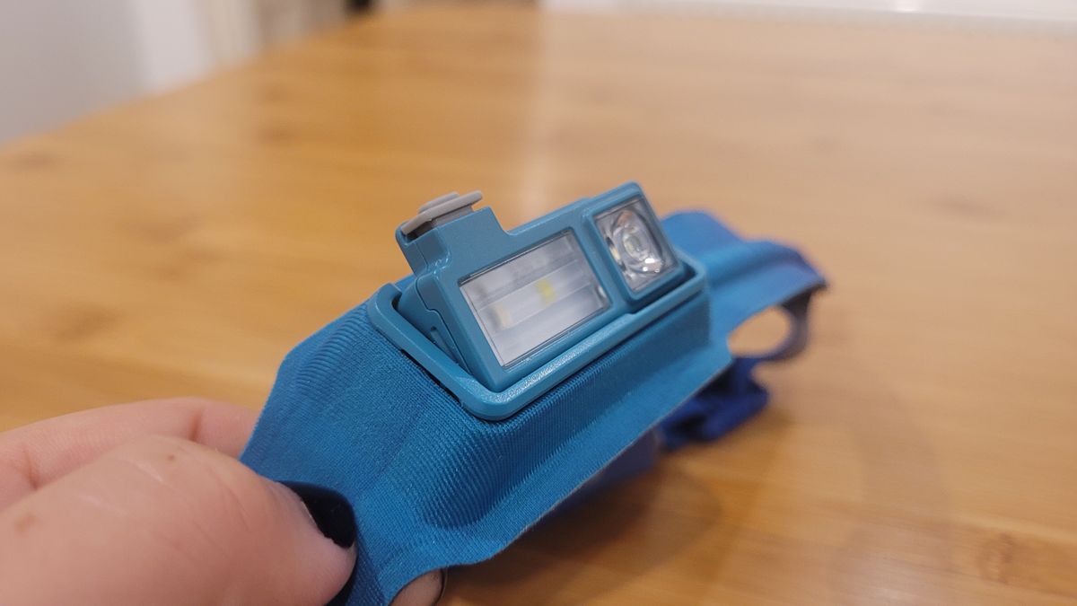 Biolite headlamp 425 with the light tilted around 45 degrees downwards.