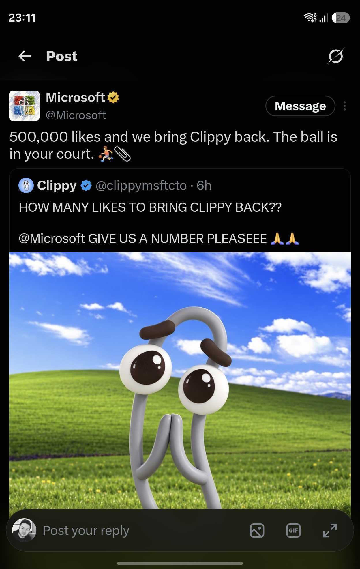 X post by the Microsoft account sharing a post about bringing back Clippy.