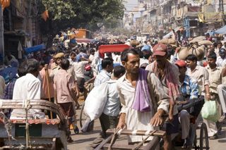 A crowded street in New Dehli, India.