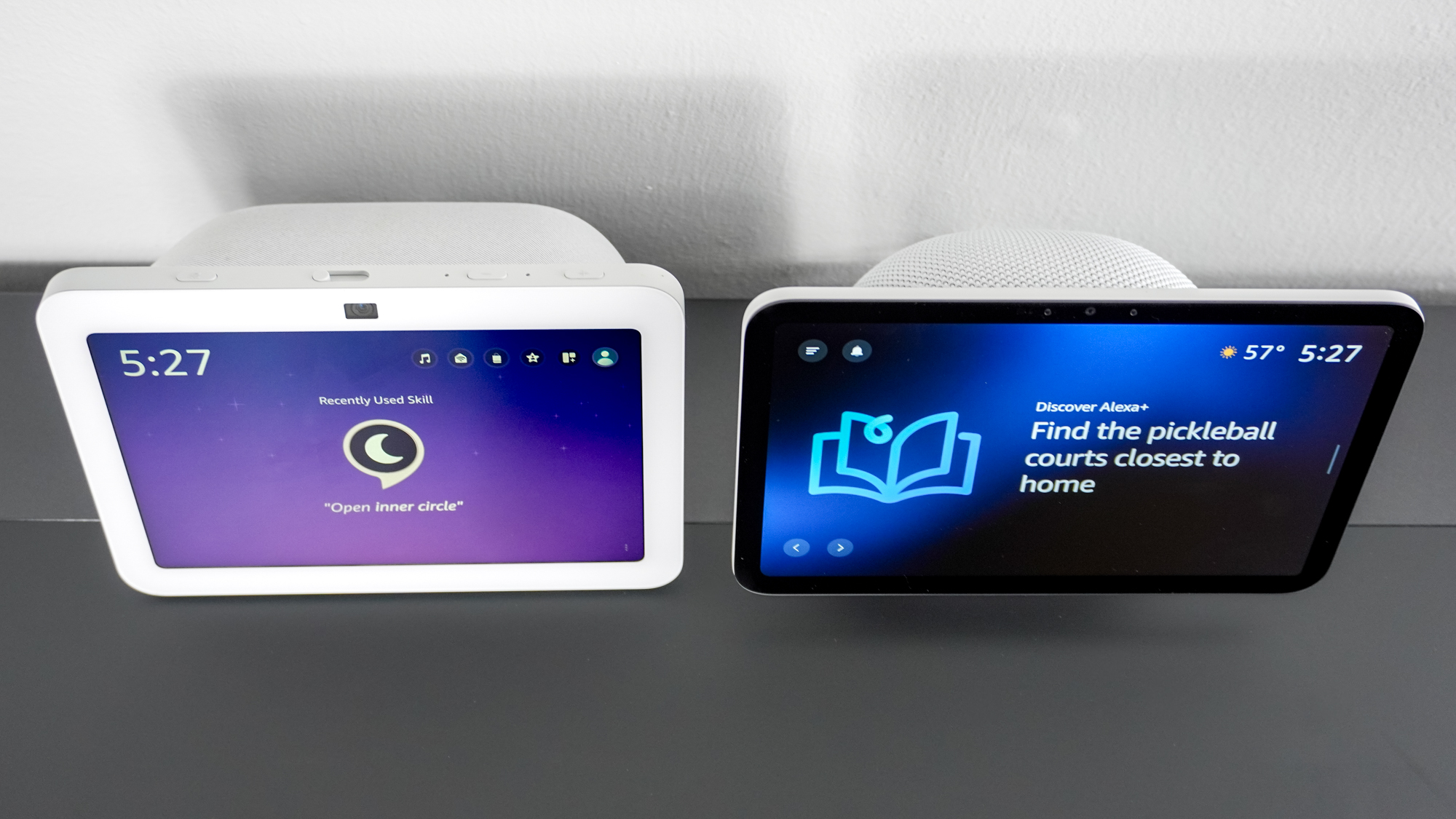 An overhead view showing off the difference in camera size between the Echo Show 8 (4th Gen) and Echo Show 8 (3rd Gen)