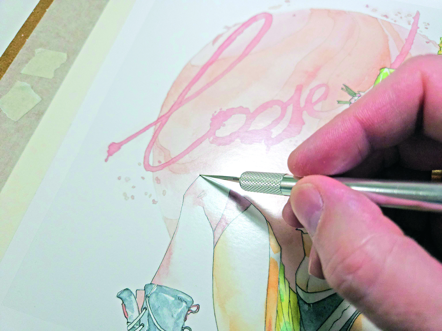 Watercolour geisha; cutting a film mask with a craft knife