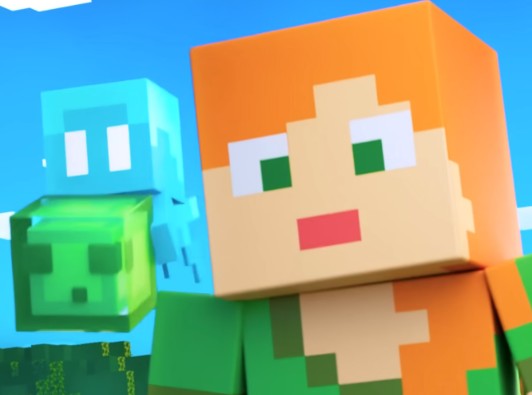 Minecraft lady looking at camera with blob guys in background.